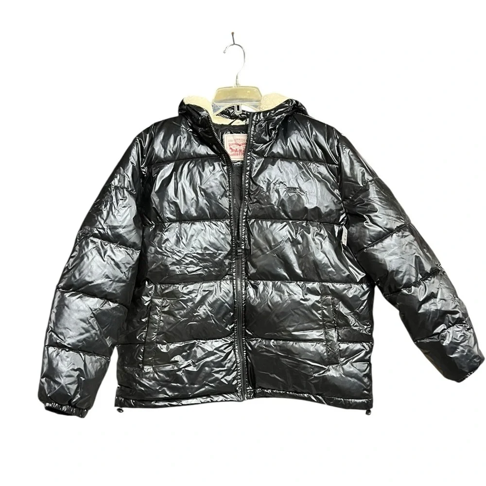 🌻NEW w/tag Levi’s Black Shiny Molly Sherpa Lined Puffer Jacket Women's Size XL